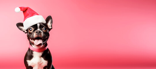 Wall Mural - Happy dog wearing santa claus hat on red background