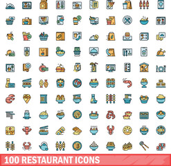 Poster - 100 restaurant icons set. Color line set of restaurant vector icons thin line color flat on white