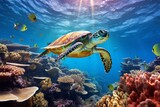 Fototapeta Do akwarium - A sea turtle embarking on its journey through the sunlit abyss of the deep blue ocean, surrounded by schools of fish and coral structures