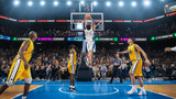 Fototapeta  - Multiethnic Basketball Player in a White Uniform Catching Pass And Dribbling Past Defence to Score a Skillful Slam Dunk Goal. Cinematic Sports News Channel Shot with Follow Back View.