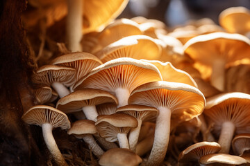 Poster - Close up beautiful bunch mushrooms color light in the tree background texture.