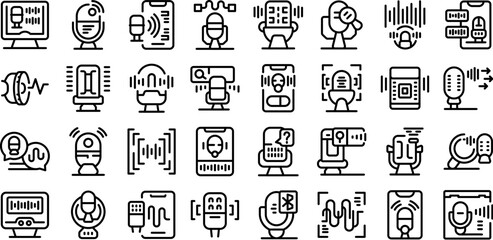 Poster - Voice search icons set outline vector. Digital marketing. Computer ai mic
