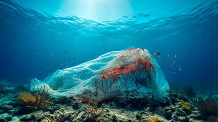 Abandoned fishing nets at the bottom of the sea