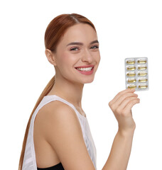 Sticker - Happy young woman with pills on white background. Weight loss