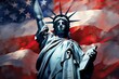  a digital painting of the statue of liberty in front of an american flag with a cell phone in one hand and a cell phone in the other in the other hand.
