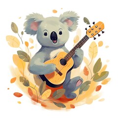 Canvas Print -  a koala holding a ukulele in its paws and playing the ukulele on a white background with autumn leaves and leaves around it, with a white background.