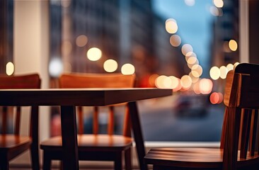 Sticker -  two wooden chairs sitting at a table in front of a window with a view of a city street at night with boke of lights shining on the window panes.