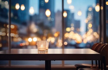 Canvas Print -  a glass of water sits on a table in front of a window with a view of a city at night with lights on the windows and a city in the background.