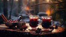 Two Glass Mugs With A Hot Drink Of Red Mulled Wine Stand On A Wooden Cottage Table Against The Backdrop Of An Autumn Forest, Cabincore Aesthetics