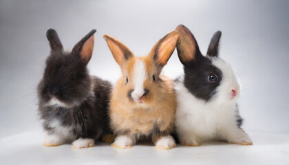 Wall Mural - three colored new born rabbit standing and looking at the top studio shot isolated on white background