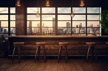 Canvas Print -  a bar with three stools in front of a large window with a view of a cityscape and a bar with a bar with three stools in the foreground.