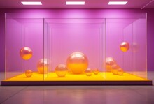 Golden Spheres In A Minimalist Exhibit.
Shiny Golden Spheres Presented On A Yellow Platform In A Minimalist Pink Room.