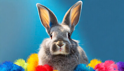 Poster - advertising portrait banner funny gray rabbit with colorful fluffy around staright look isolated on blue background