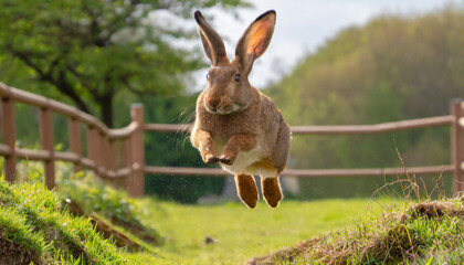 Poster - a brown rabbit mid air jump