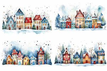 Wall Mural - watercolor cartoon style illustration, cute winter snow town , cold snow fall covered over roof, happy Christmas and new year time, Generative Ai