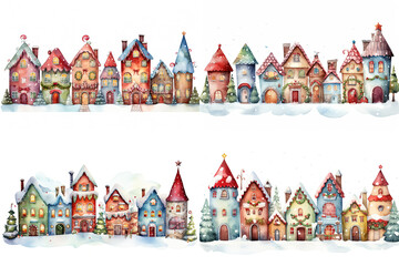 Wall Mural - watercolor cartoon style illustration, cute winter snow town , cold snow fall covered over roof, happy Christmas and new year time, Generative Ai