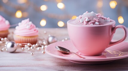  a pink cup filled with pink frosting and topped with sprinkles on a pink saucer next to two cupcakes on a pink saucer.