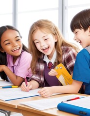 education, elementary school and people concept - group of smiling school kids with notebooks and credit card in classroom
