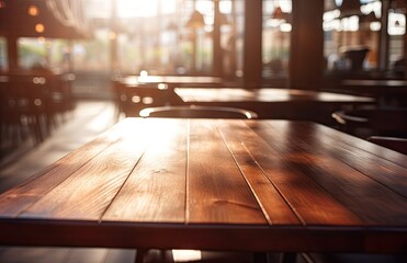 Canvas Print -  a wooden table sitting in front of a window in a room with a lot of chairs and a table in front of a window with a lot of light coming through the window.