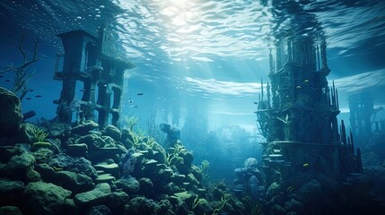 Wall Mural - city beneath waves, transparent tunnels display marine life by tidal-powered energy nodes