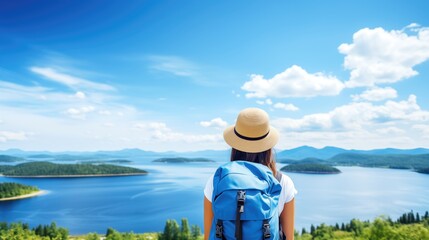 Wall Mural - woman enjoy the view, hiker on the top of the mountain