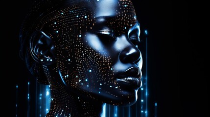 Female black face with matrix digital numbers, dots, links, hologram. concept of artificial intelligence AI with a human face