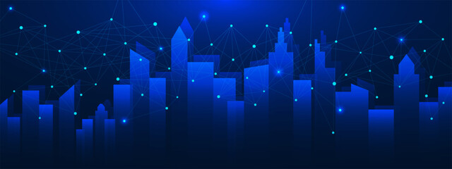 Poster - Smart city technology concept with connect points and lines. Business connection, networks and global communication background.
