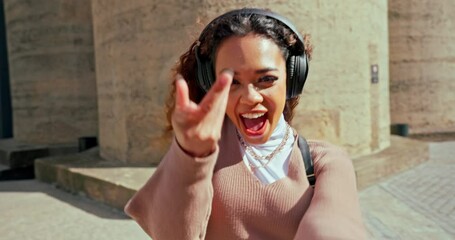 Sticker - Woman, dancing and city with face, headphones and smile in urban street, excited and listen to music. Dancer girl, metro road or sidewalk for moving, audio tech or streaming subscription in Sao Paulo