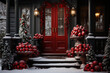 New Year concept background of red door in Christmas decoration with bright red Christmas tree balls. Christmas celebration, home decoration, family holiday. Copy space.