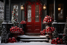 New Year Concept Background Of Red Door In Christmas Decoration With Bright Red Christmas Tree Balls. Christmas Celebration, Home Decoration, Family Holiday. Copy Space.