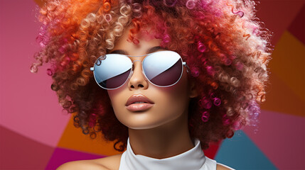 Wall Mural - fashion portrait of a beautiful African American woman wearing sunglasses and a white sweater and dyed hair in different colors on a color background.copy space