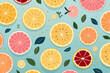Sliced citrus fruits and leaves on a pale blue background