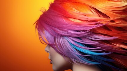 Wall Mural -  a mannequin's head with multi - colored hair on an orange, yellow, pink, and blue background with a red, orange, yellow, pink, and blue, and green, and pink hair color scheme.