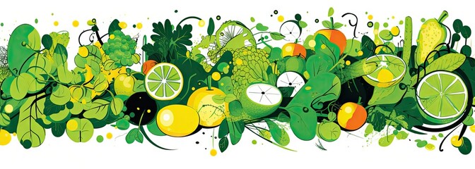 Wall Mural - an abstract background showing various fruits, veggies, and leaves, in the style of squiggly line style Generative AI