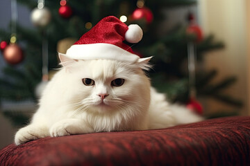 Canvas Print - white  cat  in red Santa hat near Christmas tree 