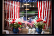 Creative photo of a patriotic-themed window display or storefront, expressing support for Memorial Day, creativity with copy space
