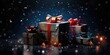  a group of wrapped presents sitting next to each other on top of a black surface with snow falling down on the ground and a few red and black boxes with red bows.