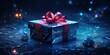  a gift box with a red bow sitting on top of a shiny surface with drops of water around it and a red ribbon on the top of the gift box.