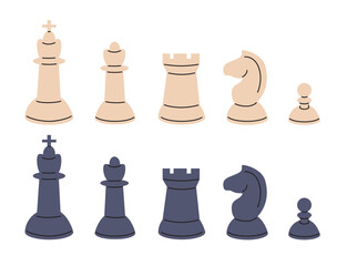 Black and white chess pieces set vector illustration. Rows of queen, king, bishop, rook, horse and pawn from different teams. Modern figures of board game isolated on white background