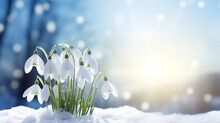 White Snowdrop Flowers Blooming Outdoors In Snow. Ai Generative
