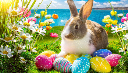 Wall Mural - photo happy bunny with many easter eggs on grass festive background for decorative design