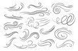 Doodle air wind motions. Isolated vector set of abstract swirls, blow waves, curve spirals in black colors, capturing the dynamic essence of movement and energy in a playful and artistic manner