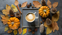 A Cozy Flat Lay Image Of An Autumn Themed Frame Filled With Natural Pine Cones Pumpkins Dried Leaves And A Pumpkin Latte On A Dark Grey Stone Surface This Fall And Thanksgiving Background Offers