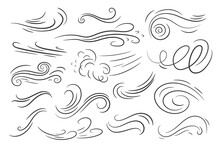 Doodle Air Wind Motions. Isolated Vector Set Of Abstract Swirls, Blow Waves, Curve Spirals In Black Colors, Capturing The Dynamic Essence Of Movement And Energy In A Playful And Artistic Manner