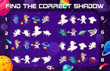 Poster - Find correct shadow of astronauts in space with alien UFO and galaxy planets, vector quiz game for kids. Shadow match worksheet puzzle with kid spaceman on rocket or spaceship in galaxy and sky stars