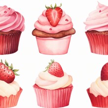 Lovely Pink Cupcakes With Cream And Strawberry, Chocolate Muffins And Different Adorable Delicious Little Cakes, Cute Illustration For Children Or Kitchen, Seamless Tile Pattern Wallpaper On White
