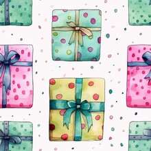 Adorable Seamless Tile Pattern Wallpaper Representing Lovely Gift Boxes With Bows With Color Dots Celebrating A Happy Moment With People We Care, Blue, Yellow And Pink Presents On White Background