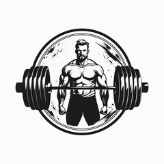 Wall Mural - Illustration of black and white logotype for gym and workout sports studio. Male weightlifter and barbell.