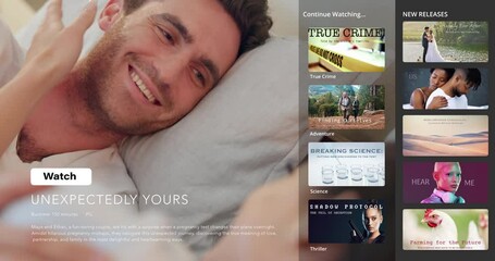 Video, streaming and tv subscription trailer for choice, option or website for romance film. Genre, media and a platform for a selection of a show, watching television or an online membership