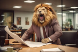 Fototapeta  - Concept furious lion businessman shouts and growls at meeting at his subordinates, throws paper. Expired contracts, boss beast in meet room.